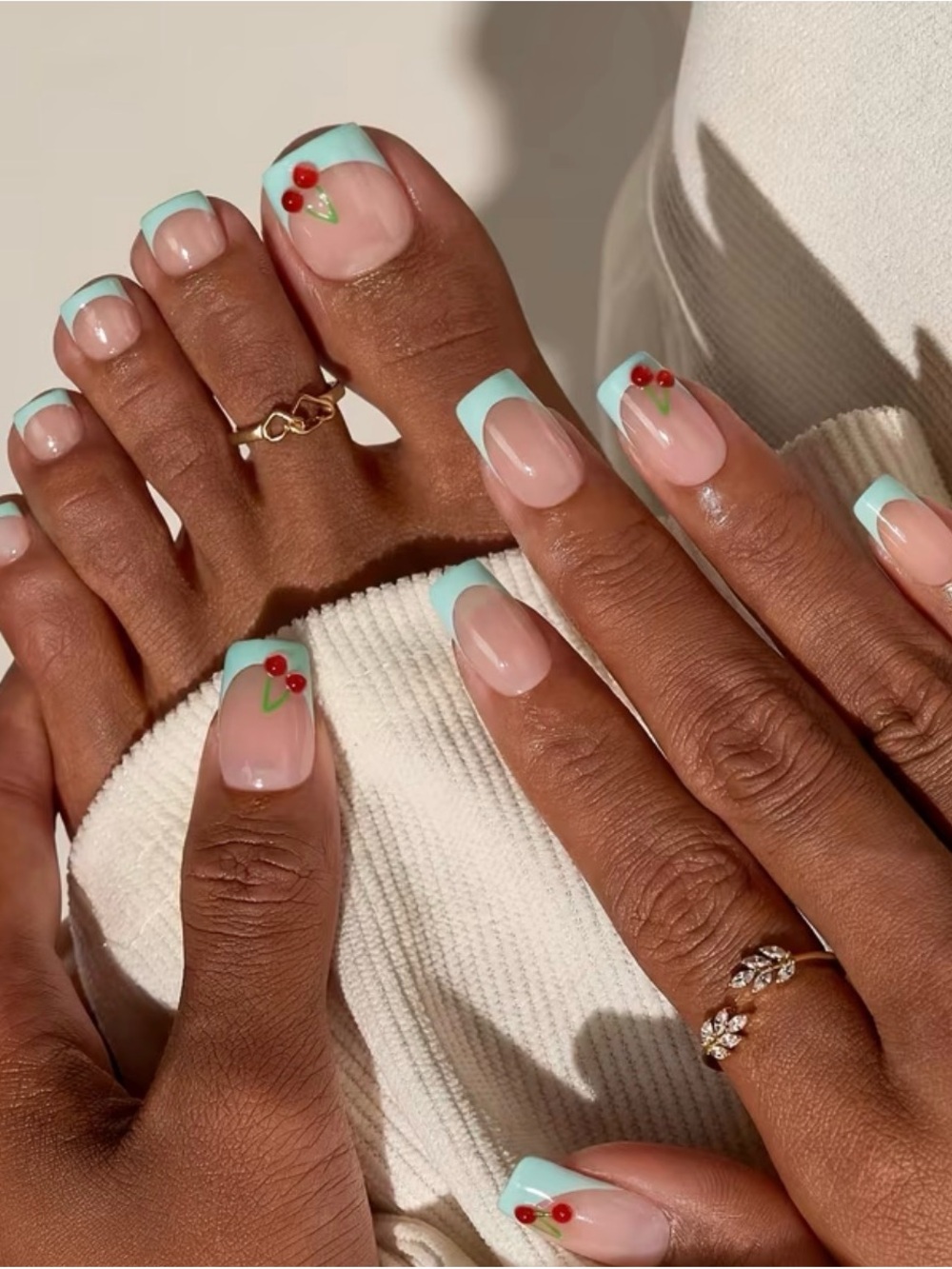 Mint French Tip Matching press ons with Cherry Accent